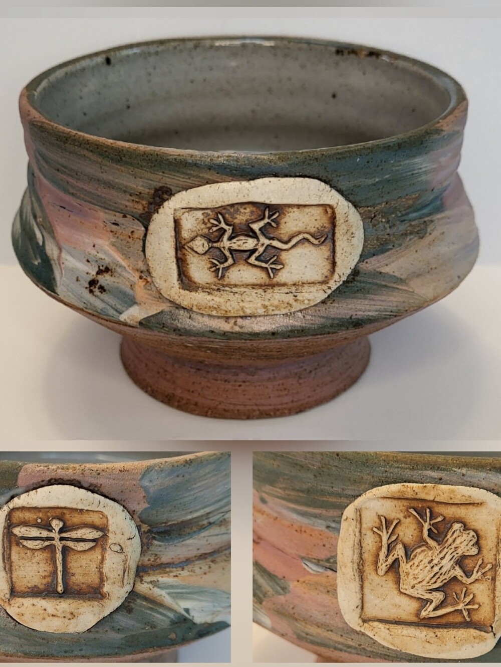 VTG Studio Pottery Southwest Style Bowl Teal Pink Dragonfly Frog Lizard 4.5x3.75